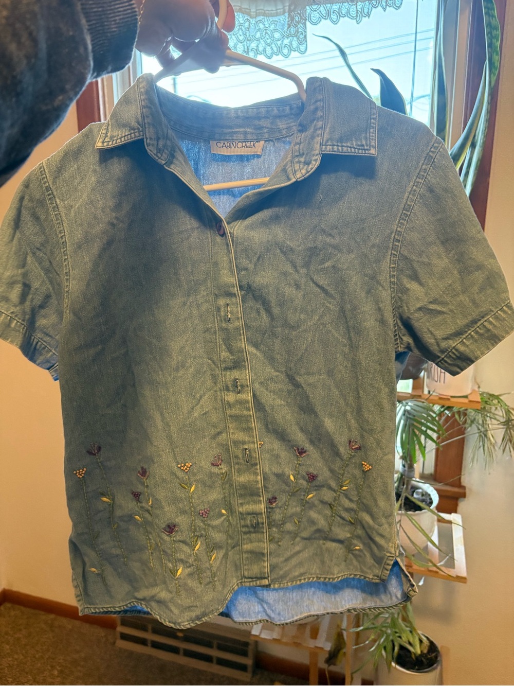 Women’s Short-Sleeve Denim Button-Up Shirt - Blue with Floral Embroidery